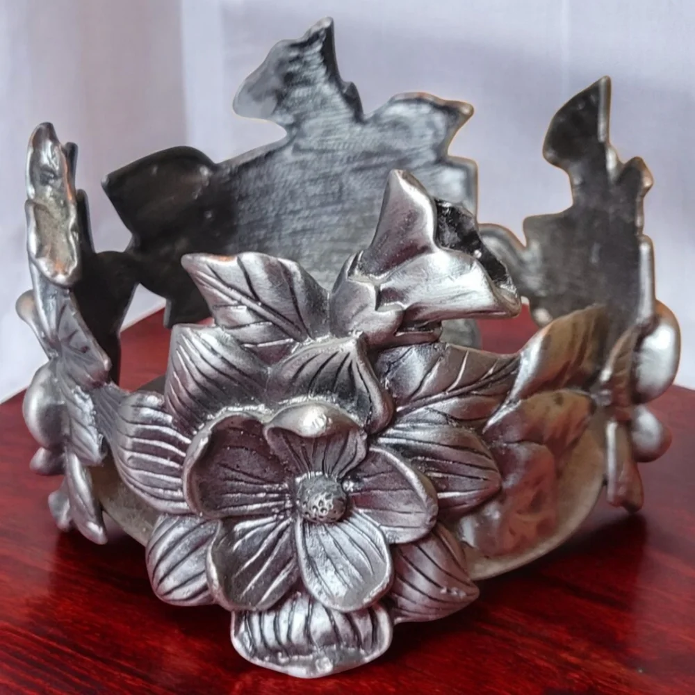 Vtg Candle Holder Heavy Metal Artistic Flowers